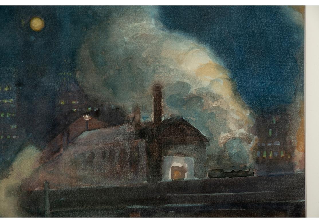 A haunting view of an industrial complex working overnight under a deep blue sky. White smoke and exhaust billows out of the chimneys and a tall watch tower with lights and a clock surveys the scene. Lights from apartment buildings are in the