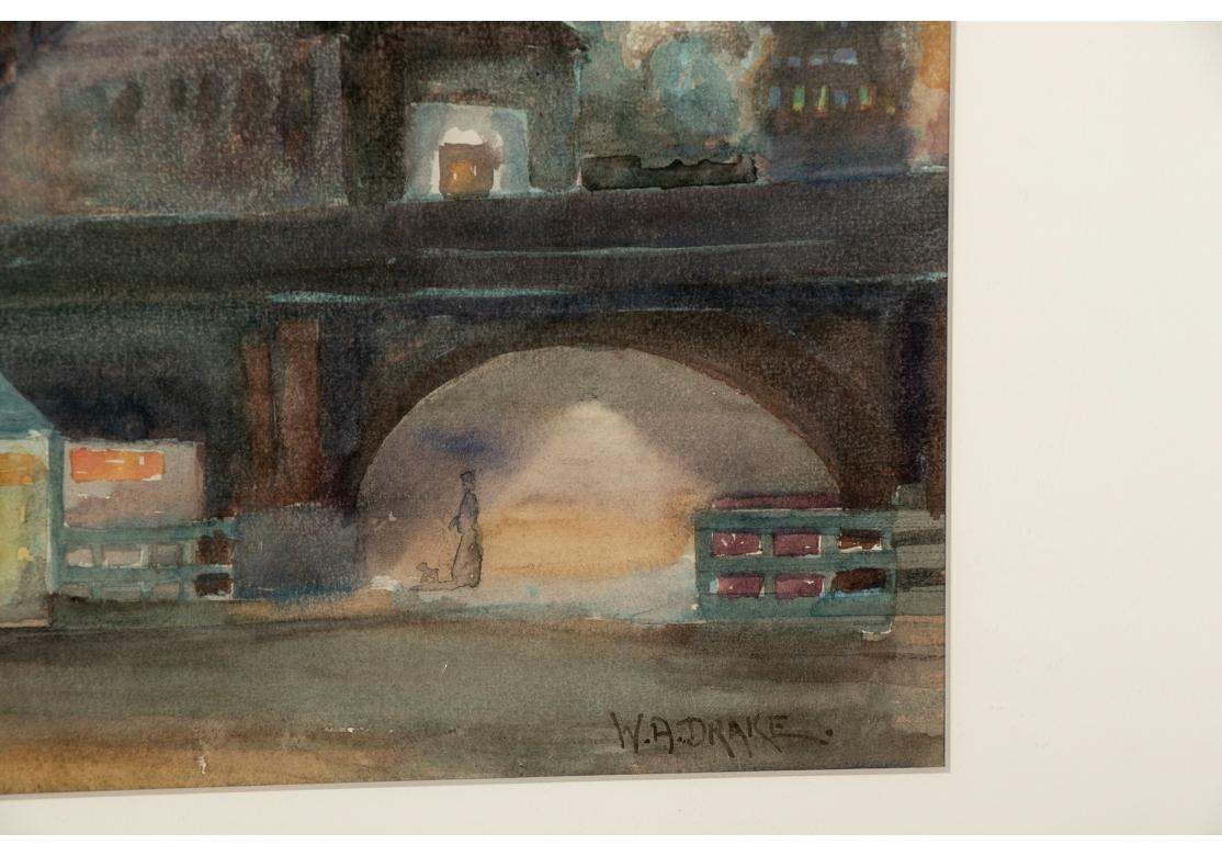American William Alexander Drake 'Am., 1891-1979' Watercolor, Industrial Complex at Night For Sale