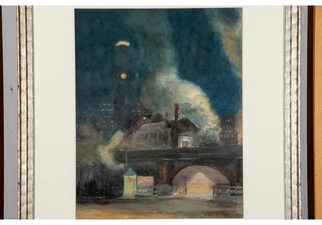 20th Century William Alexander Drake 'Am., 1891-1979' Watercolor, Industrial Complex at Night For Sale