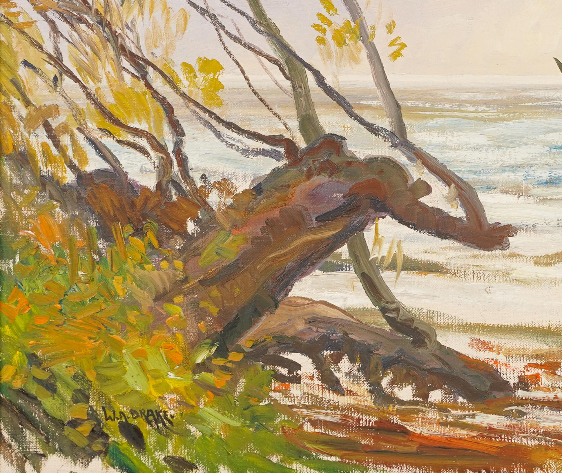 Vintage American Impressionist Summer Lake Landscape Luminous Framed Painting - Brown Landscape Painting by William Alexander Drake