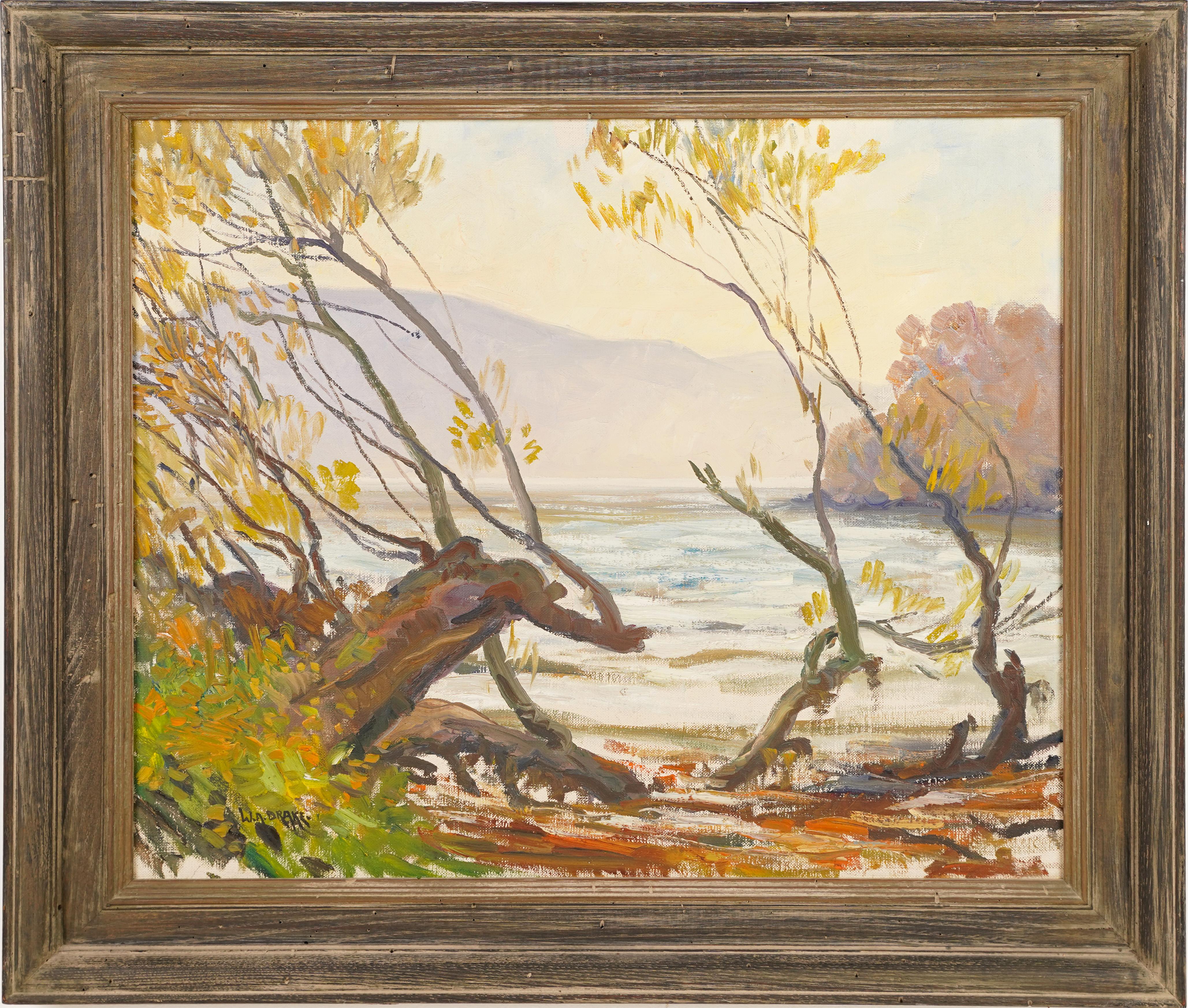 William Alexander Drake Landscape Painting - Vintage American Impressionist Summer Lake Landscape Luminous Framed Painting