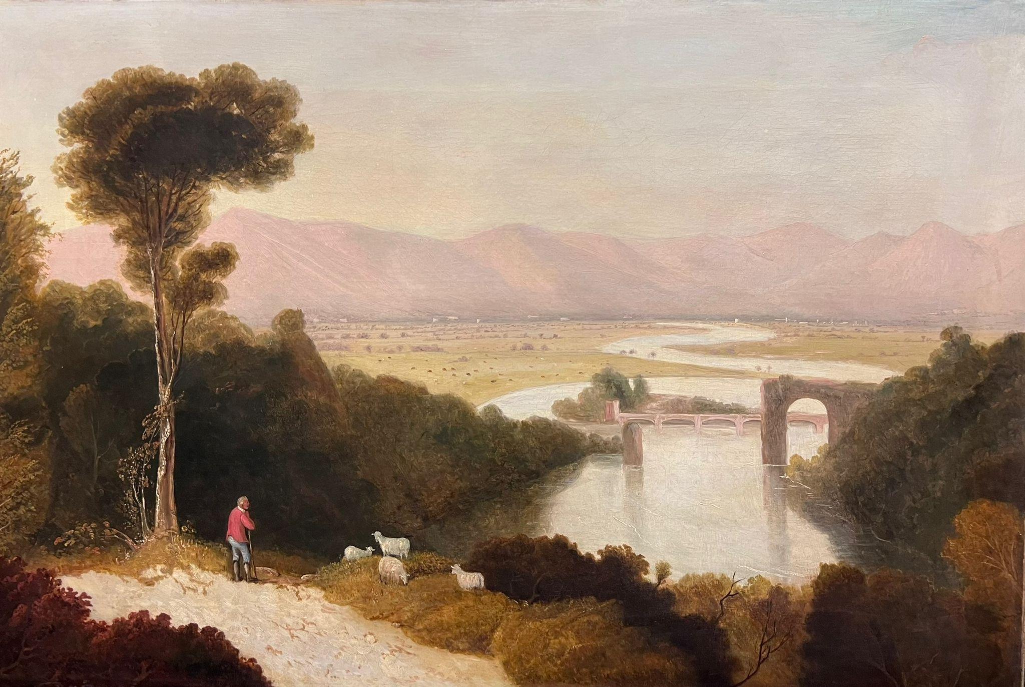 Très grande peinture à l'huile de paysage du début du 19e siècle avec des figures et des vues lointaines