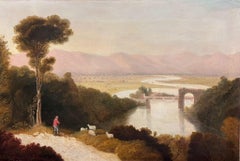Très grande peinture à l'huile de paysage du début du 19e siècle avec des figures et des vues lointaines