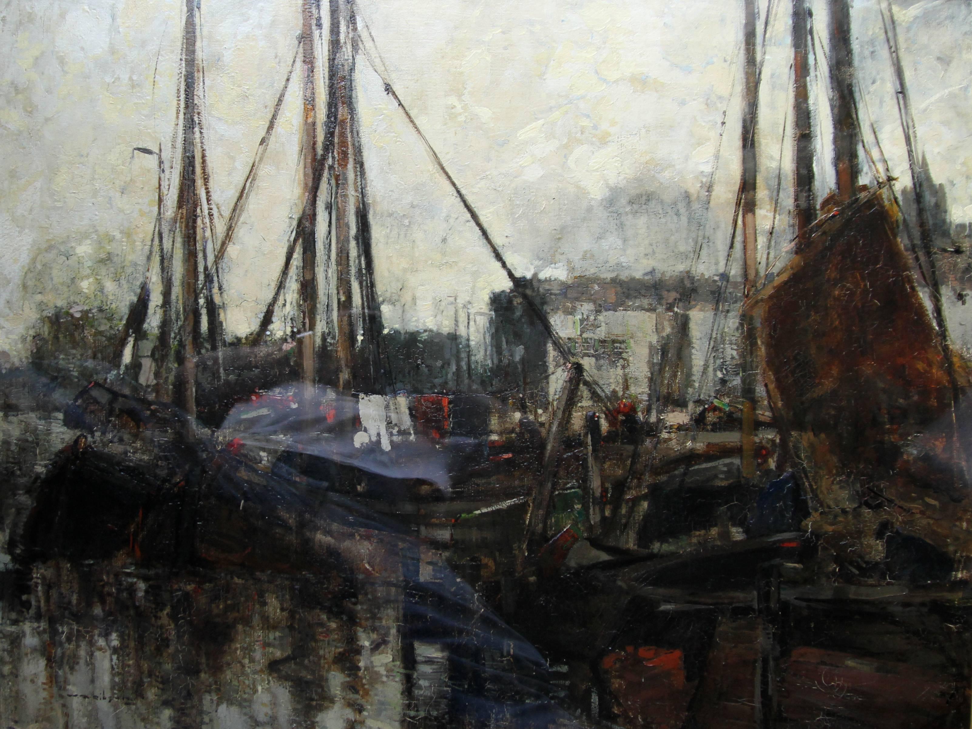Quayside - Edwardian Scottish Glasgow Impressionist marine harbour oil painting - Painting by William Alfred Gibson