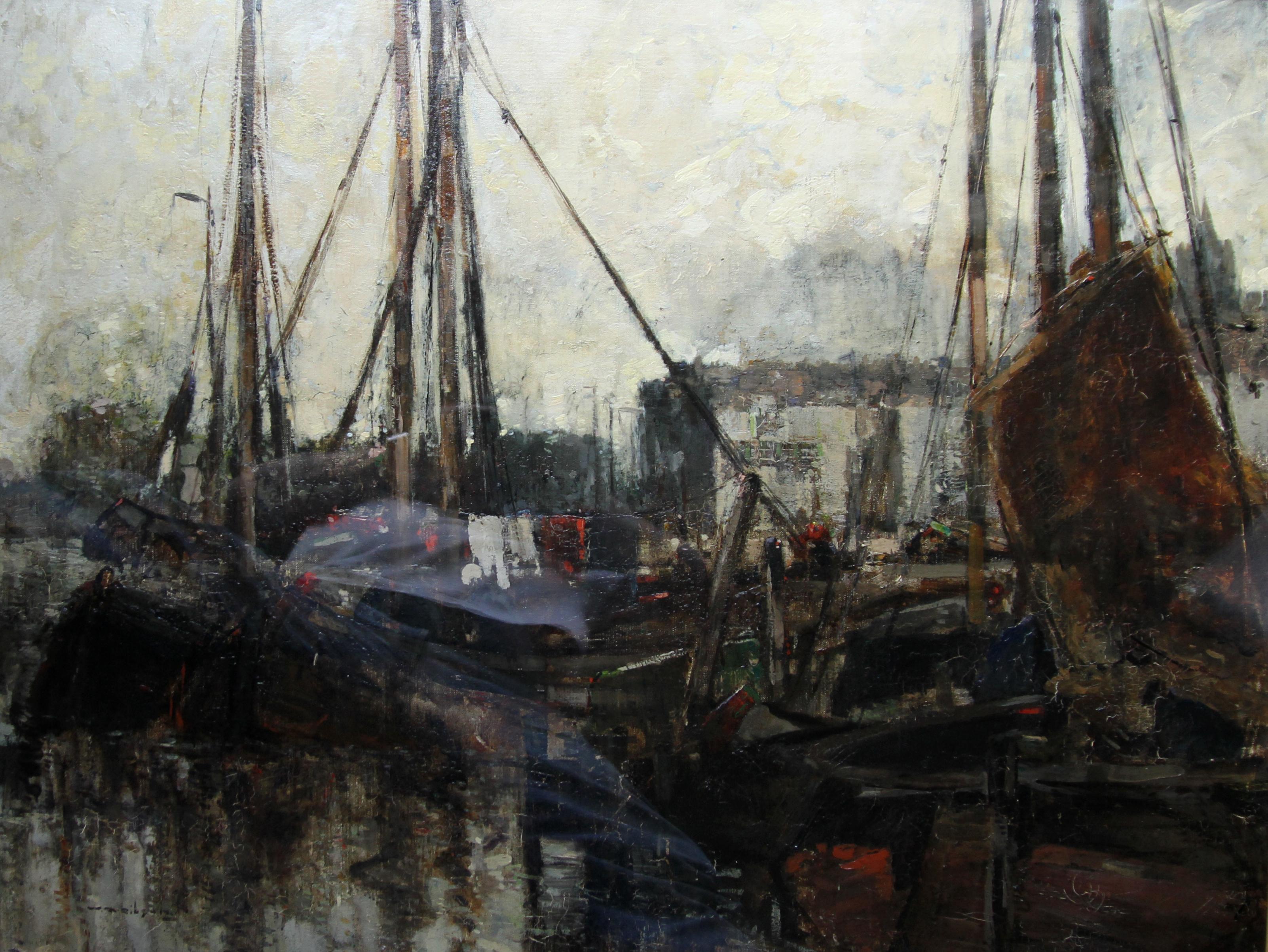 A superb Scottish Edwardian Impressionist oil painting by noted artist William Alfred Gibson.  One of my favourite Scottish artists, he was well travelled and has been influenced by Corot and the Dutch school. This painting depicts a marine quayside