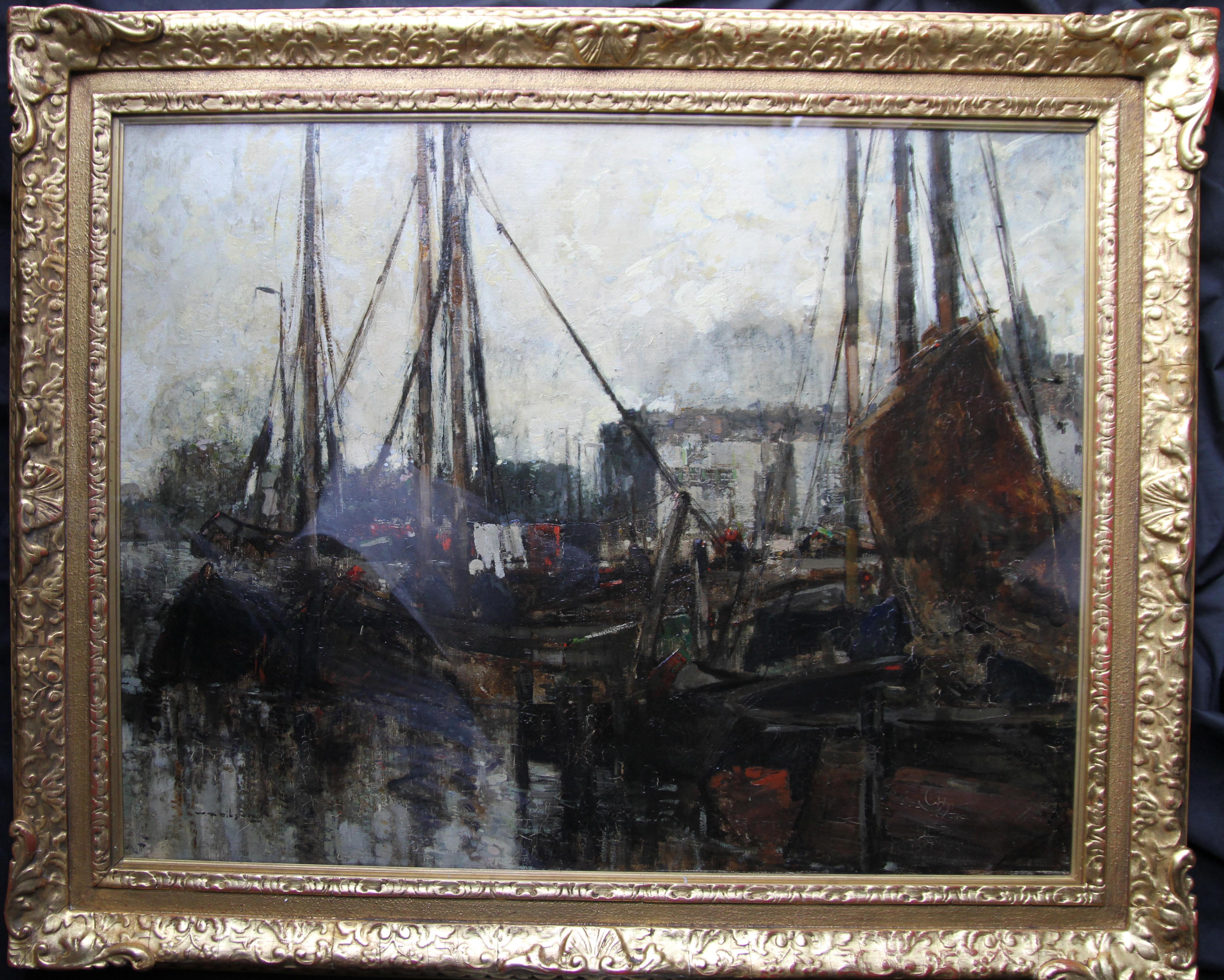 Quayside - Edwardian Scottish Glasgow Impressionist marine harbour oil painting For Sale 5