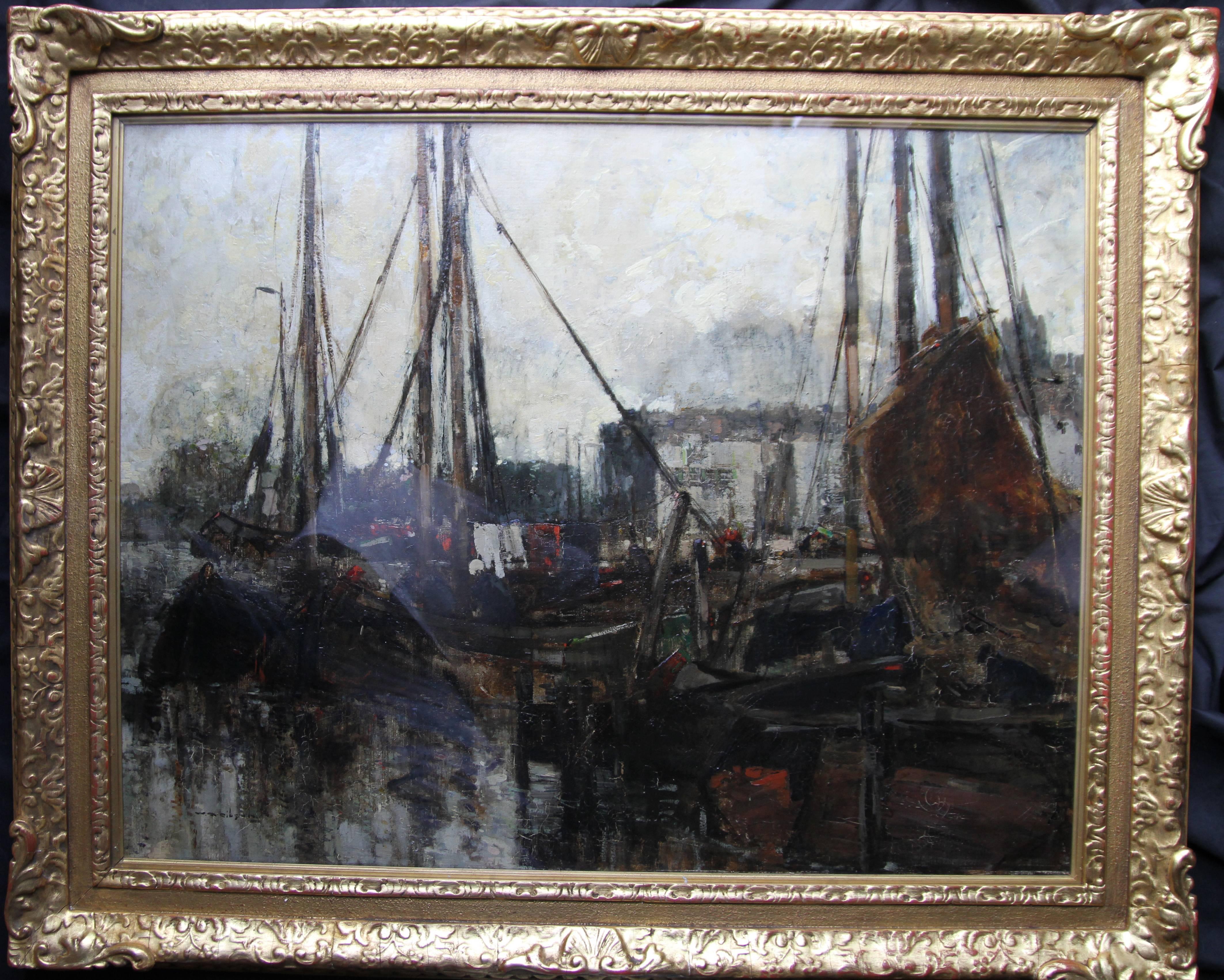 William Alfred Gibson Landscape Painting - Quayside - Edwardian Scottish Glasgow Impressionist marine harbour oil painting
