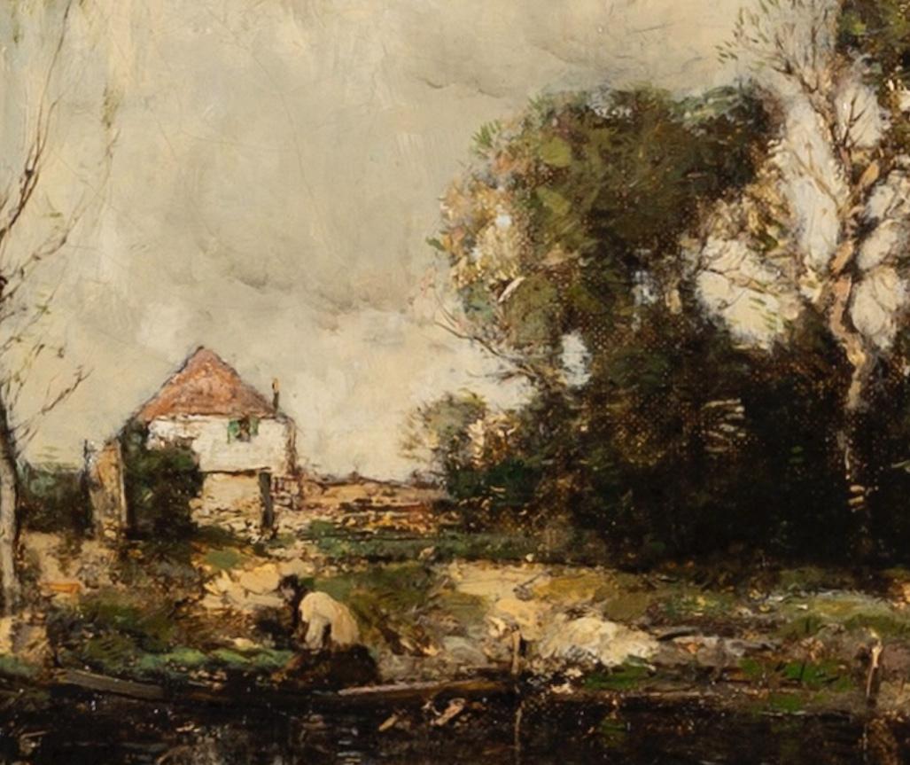 Riverside, Hampshire - Landscape Oil Painting with Water, Buildings and Trees For Sale 1
