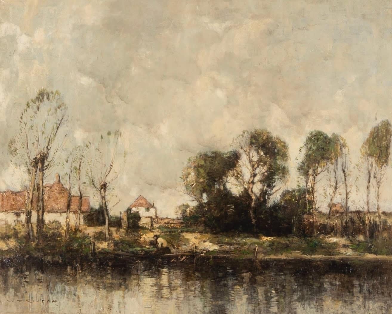 William Alfred Gibson Landscape Painting - Riverside, Hampshire - Landscape Oil Painting with Water, Buildings and Trees