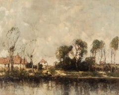 Riverside, Hampshire - Paesaggio dipinto a olio con acqua, edifici e alberi