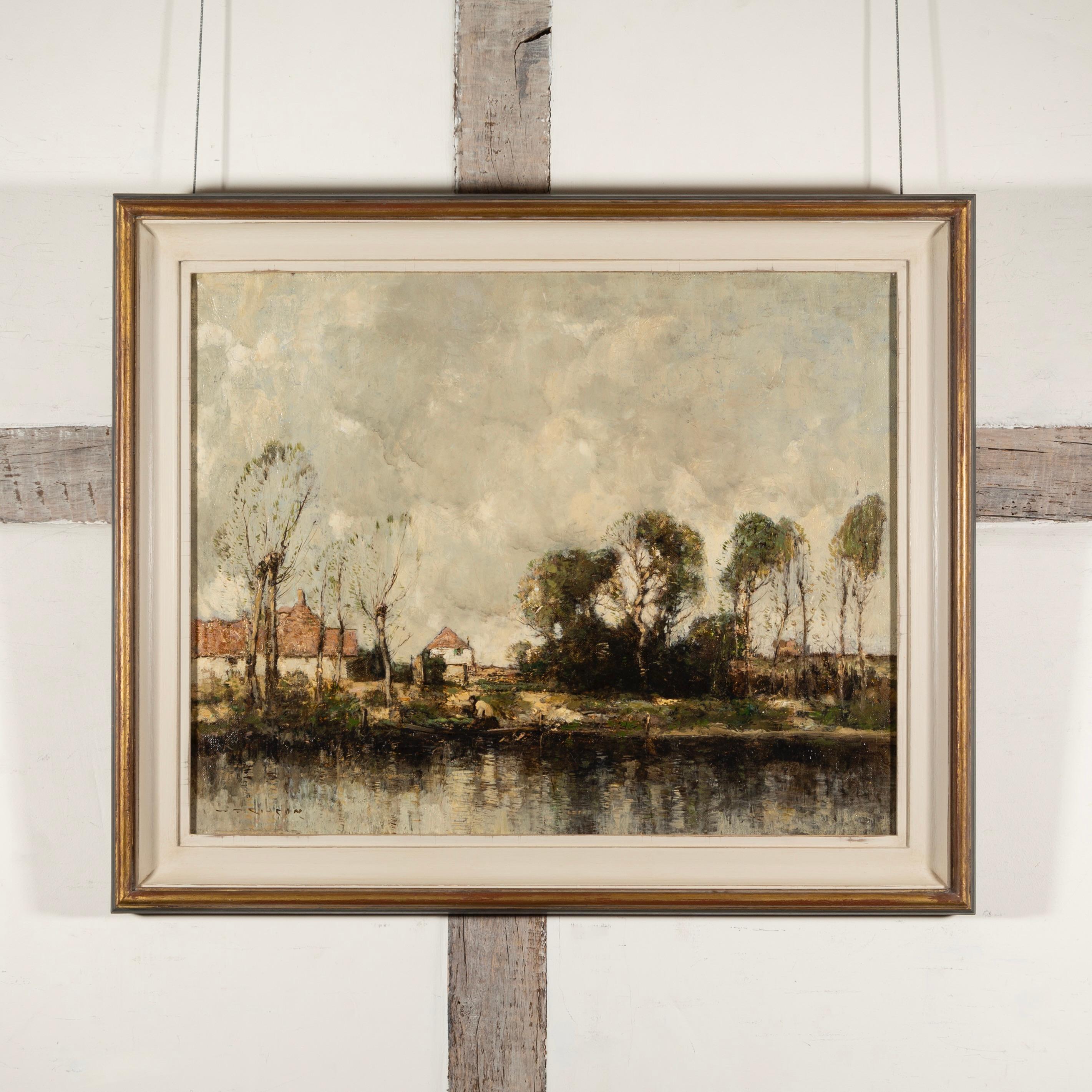 Riverside, Hampshire - Landscape Oil Painting with Water, Buildings and Trees - Beige Landscape Painting by William Alfred Gibson