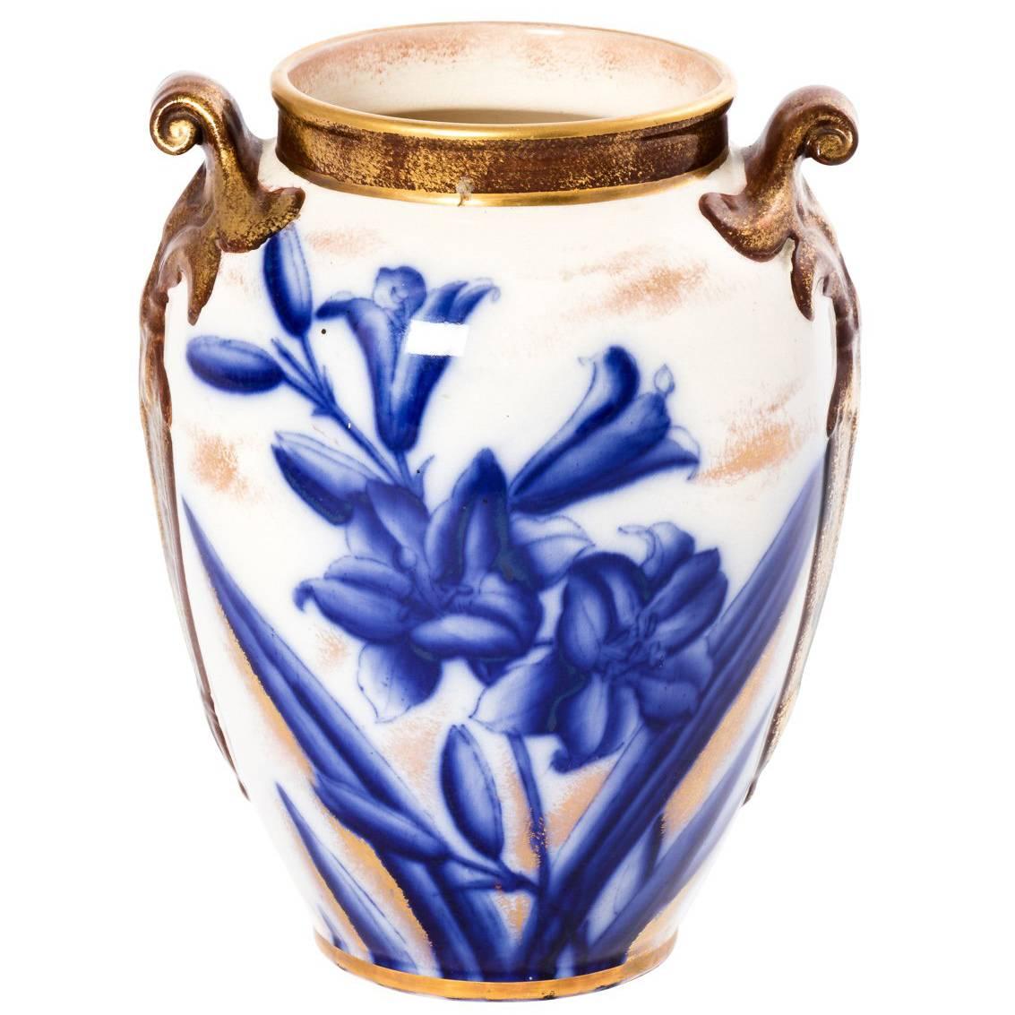 William Alsager Adderley Lily Vase 19th Century English Flow Blue & Gold Urn Pot