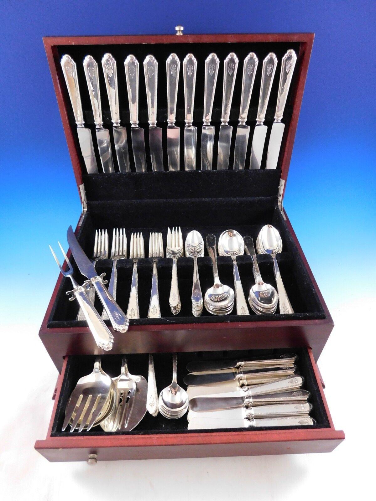 Dinner Size William and Mary by Lunt sterling silver Flatware set, 96 pieces. This set includes:

12 Dinner Size Knives, French, 9 3/4