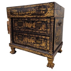 William and Mary English Black Lacquer Bureau Commode, Chinoiserie