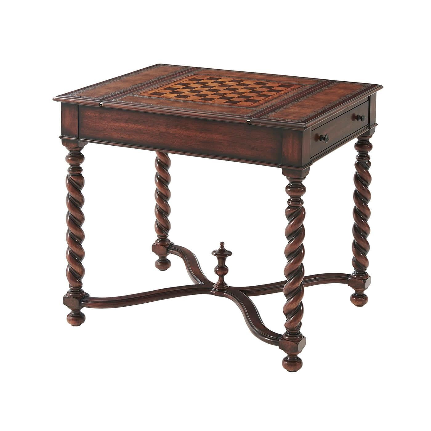 A hand-carved and inlaid games table, the reversible chess and hand-tooled leather inlaid top revealing a backgammon board below, the frieze with two opposing end drawers, on spiral turned barley twist legs joined by an 'X' stretcher. 

Dimensions: