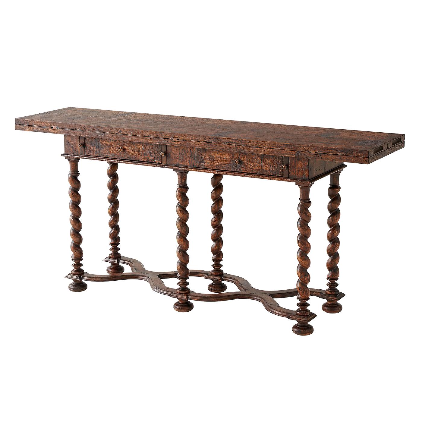 A mahogany and reclaimed oak serving or 'Hunt Table', the rectangular top with two-fold-down leaves resting on lopers pulling from the apron, with two frieze drawers, on spiral turned legs with bun feet joined by wavy 'X'