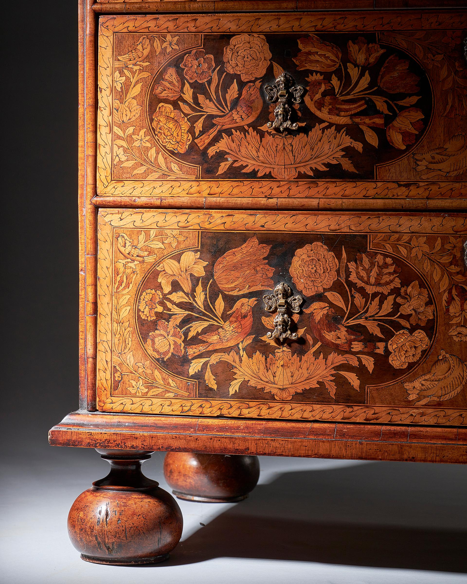 17th Century William and Mary Marquetry and Figured Walnut Chest of Drawers 1