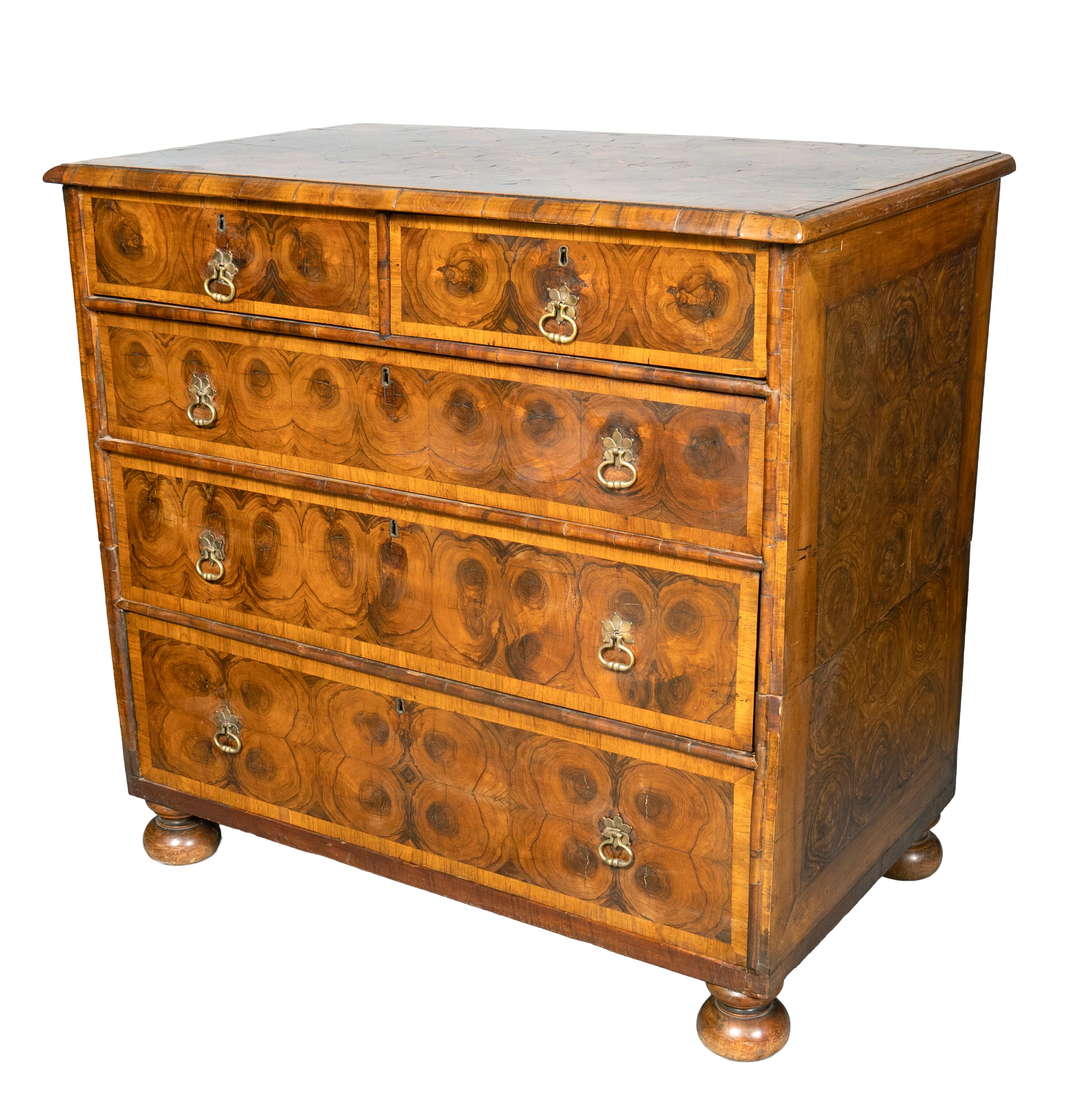 Brass William And Mary Oyster Veneer Chest Of Drawers For Sale