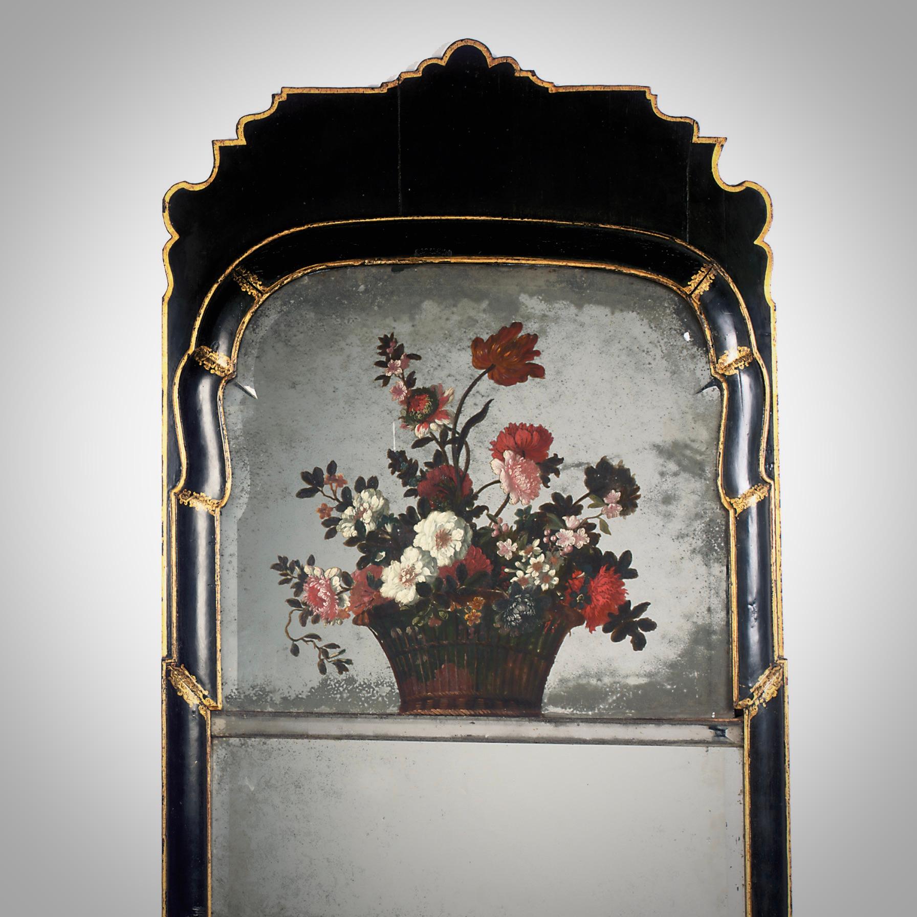 A William and Mary Black and Gilt-Japanned and Polychrome-painted pier glass Circa 1689-1702, The flower painting in the manner of Jean-baptiste Monnoyer.

The plates and decoration original.

Measures: 78 x 29.25in. (198 x
