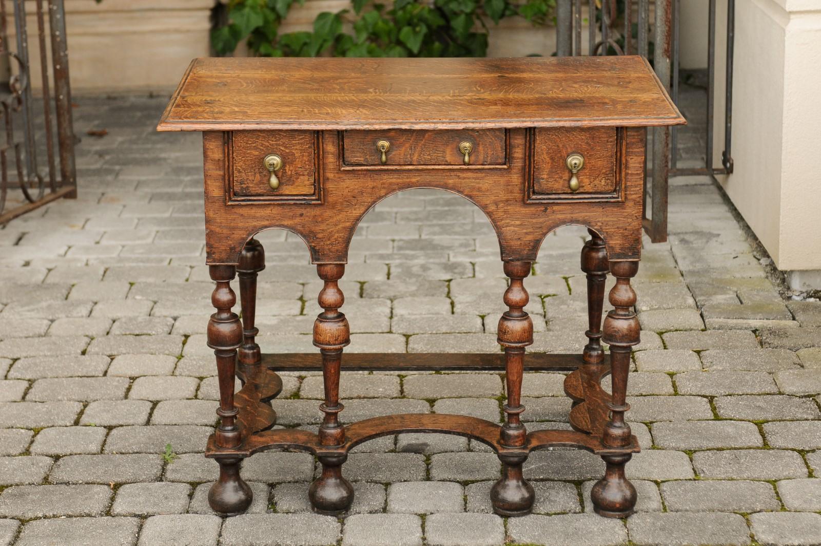 William and Mary Style 1800s Oak Side Table with Trumpet Legs and Three Drawers For Sale 3