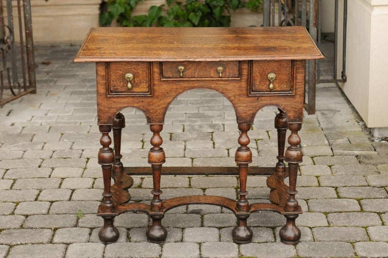 William and Mary Style 1800s Oak Side Table with Trumpet Legs and Three Drawers For Sale 6