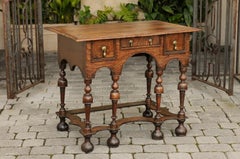 William and Mary Style 1800s Oak Side Table with Trumpet Legs and Three Drawers