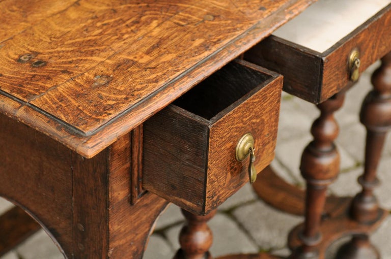 William and Mary Style 1800s Oak Side Table with Trumpet Legs and Three Drawers For Sale 2