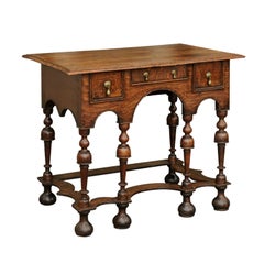 Antique William and Mary Style 1800s Oak Side Table with Trumpet Legs and Three Drawers