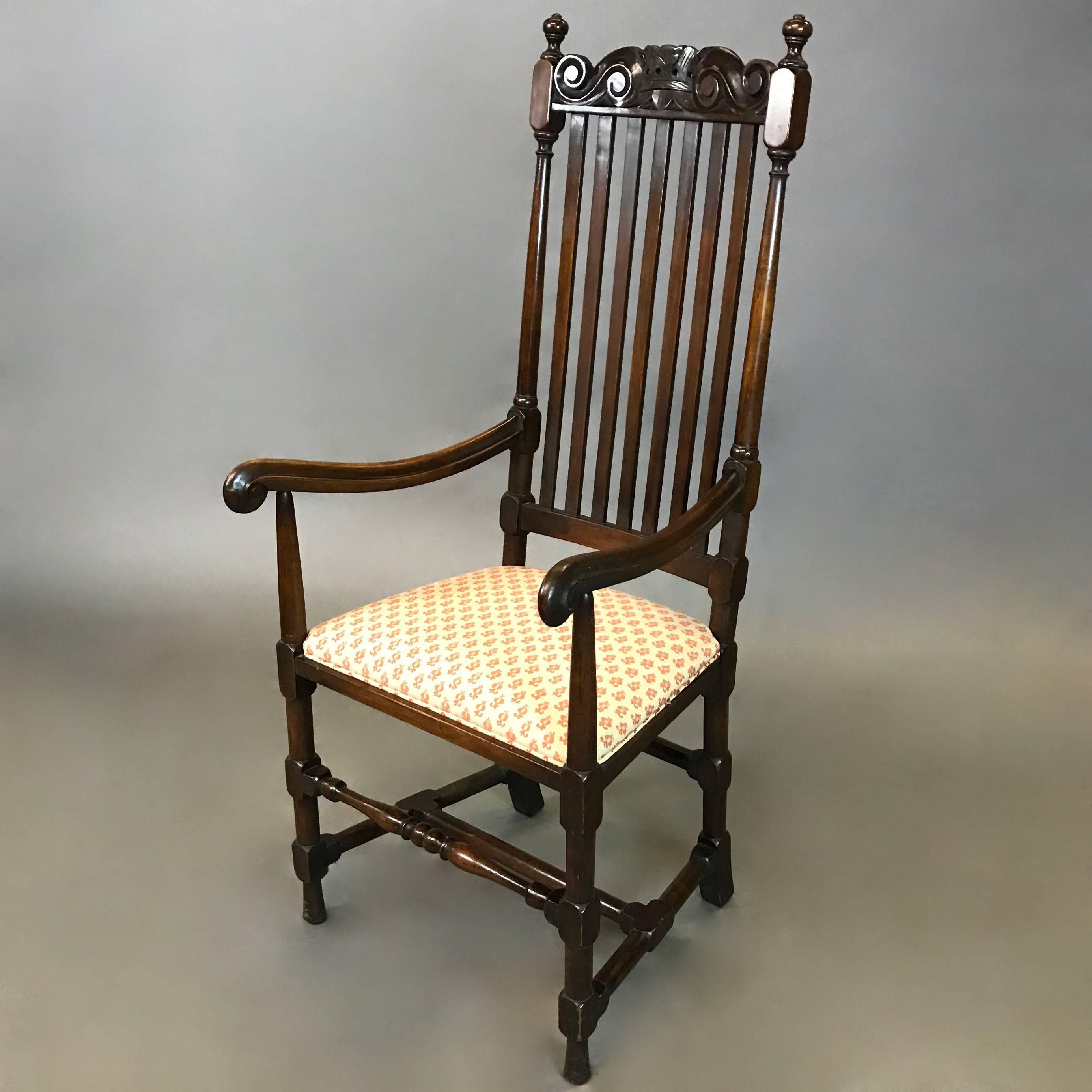 William and Mary-Style 19th Century High Back Mahogany Captains Armchair In Excellent Condition In Brooklyn, NY