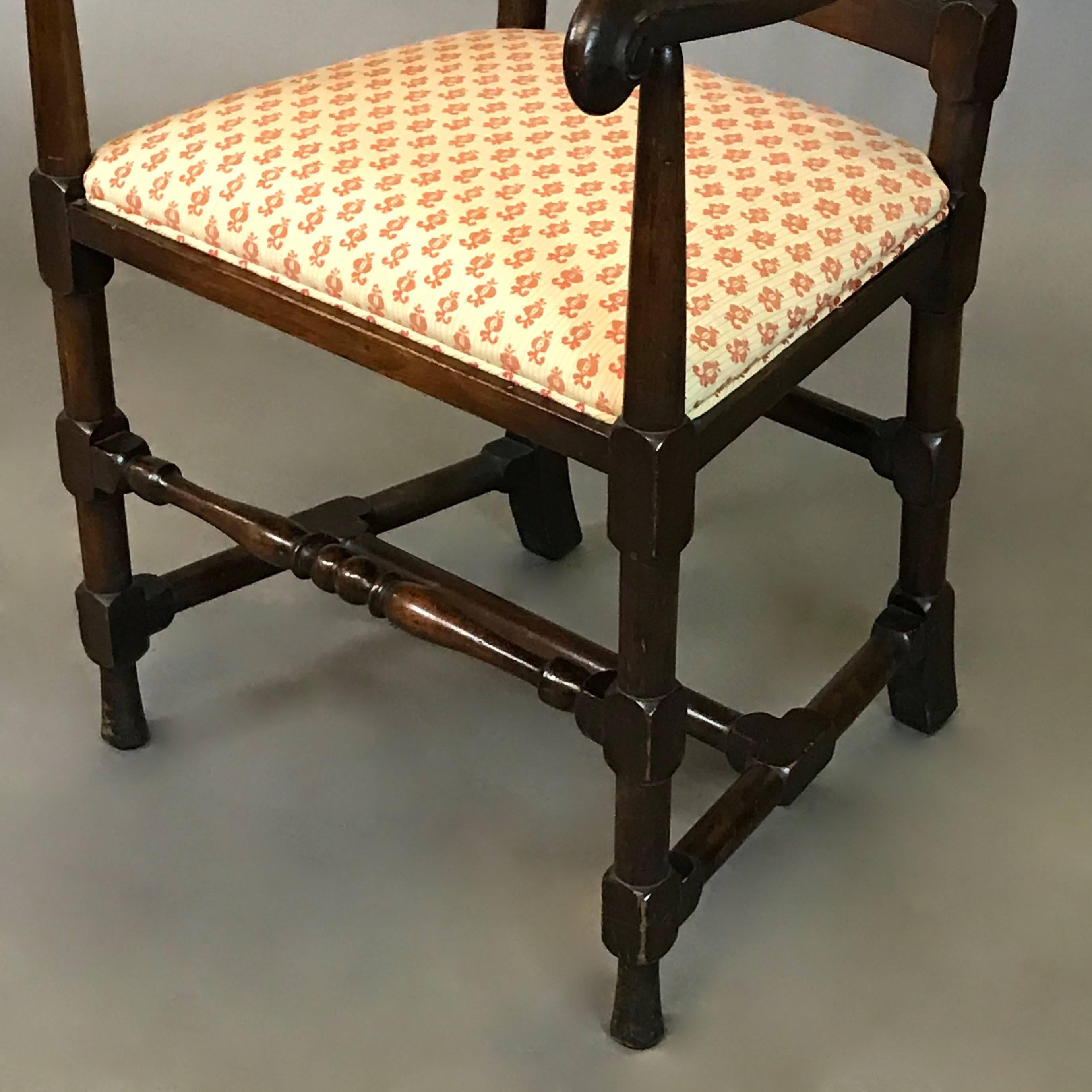 Fabric William and Mary-Style 19th Century High Back Mahogany Captains Armchair