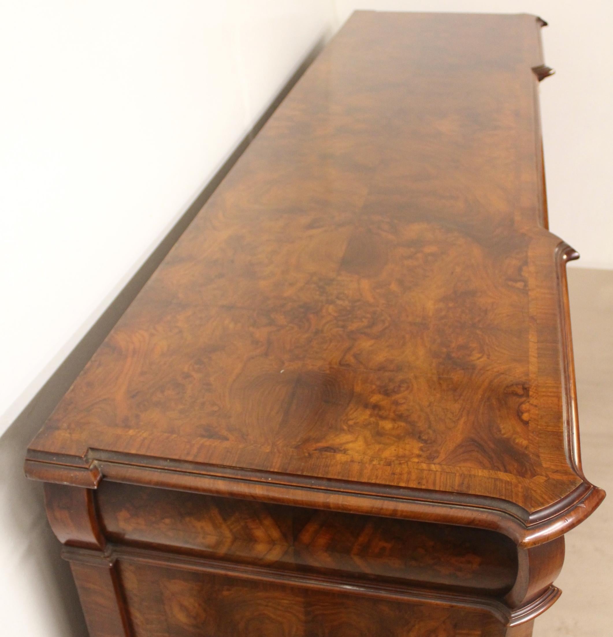 William and Mary Style Burr Walnut Pedestal Sideboard For Sale 2