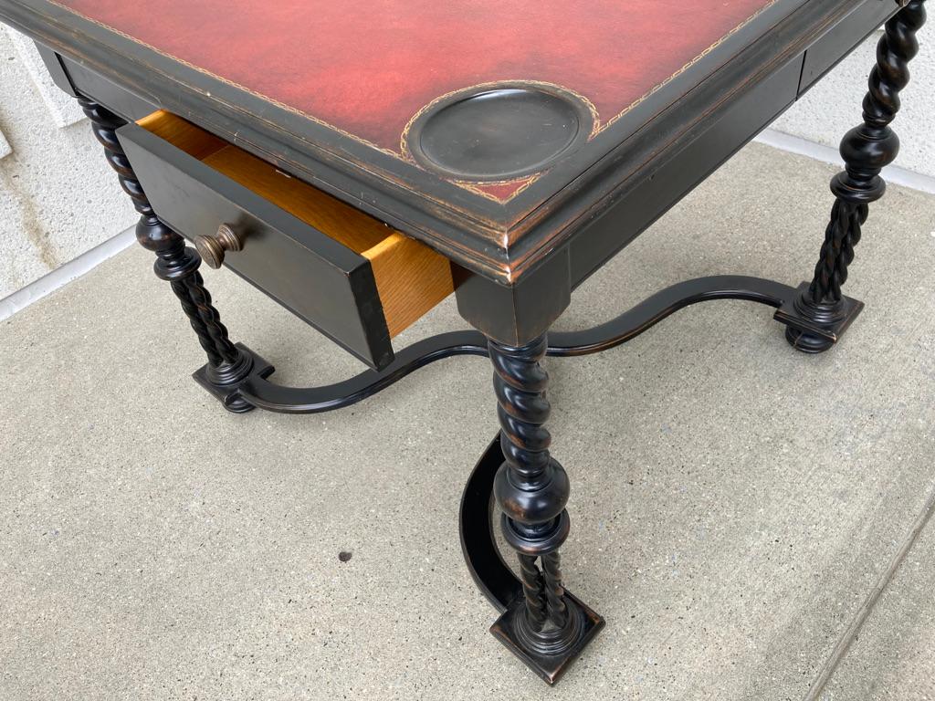 Wood William and Mary Style Ebonized Game Table with Red Leather Top