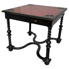 Vintage William and Mary Style Ebonized Game Table with Red Leather Top