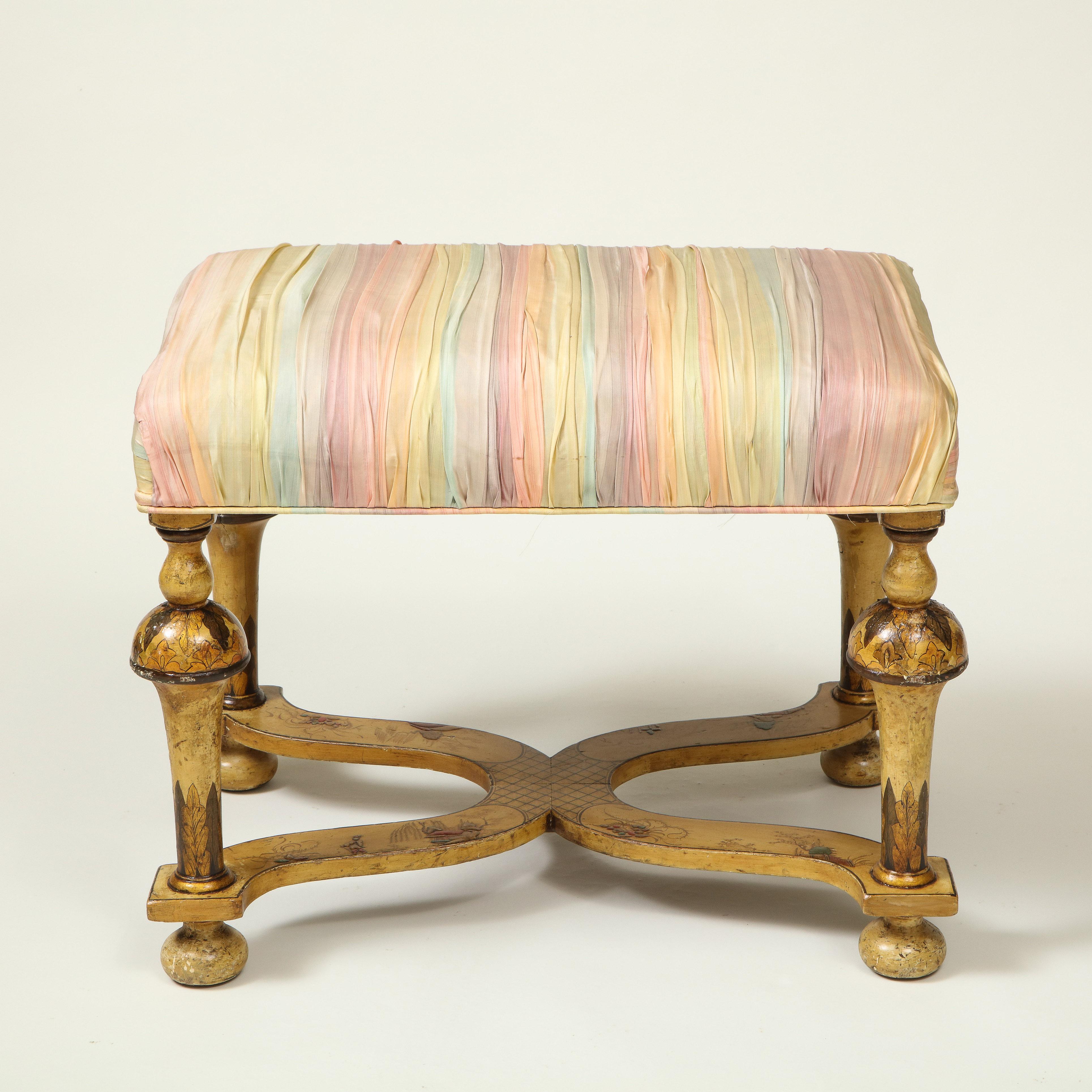 William and Mary Style Silk and Ochre-Japanned Bench For Sale 12