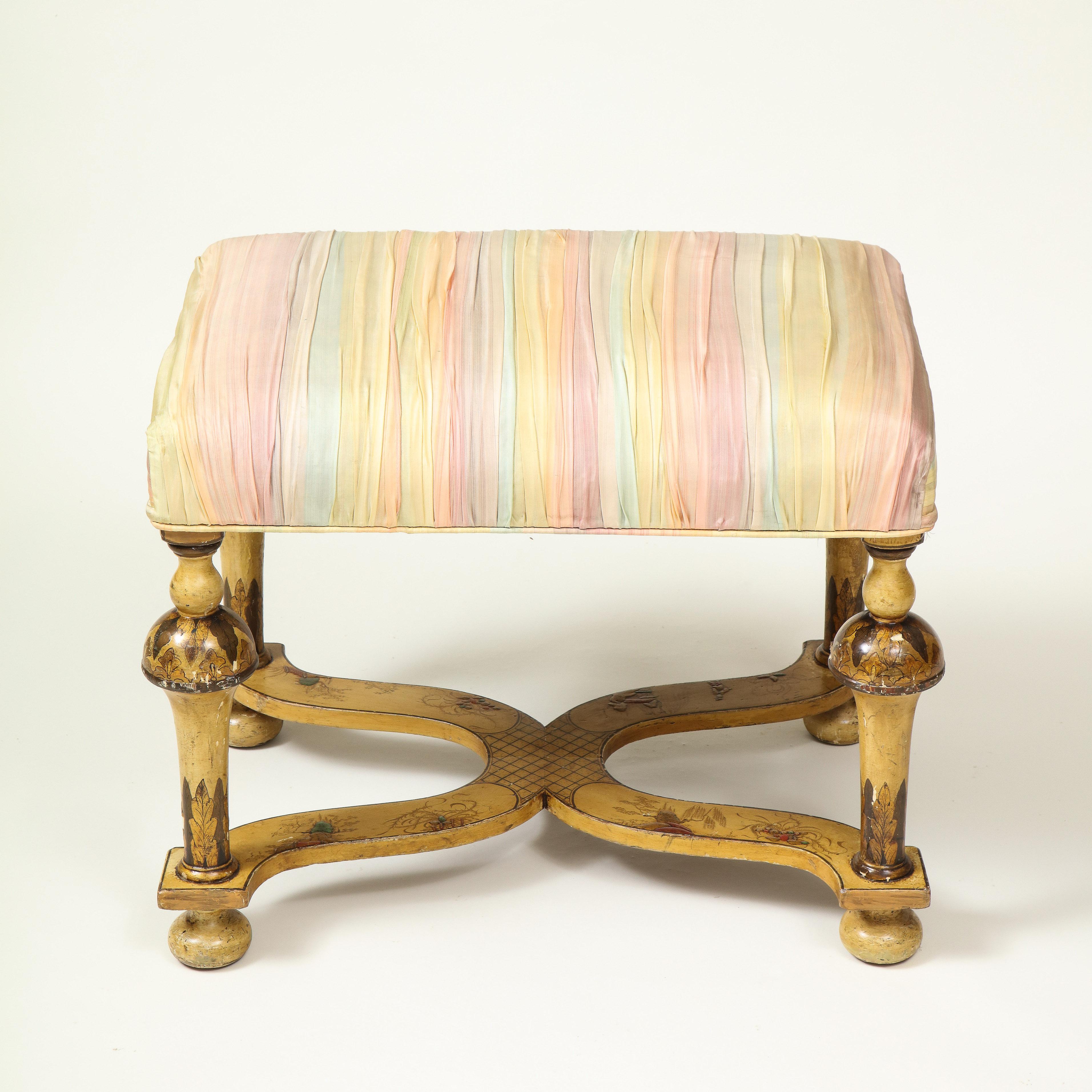 The ruched-silk over-upholstered rectangular seat raised on baluster-form legs joined by a shaped stretcher, painted with chinoiserie decoration.

Provenance: From the Collection of Mario Buatta, New York, NY.