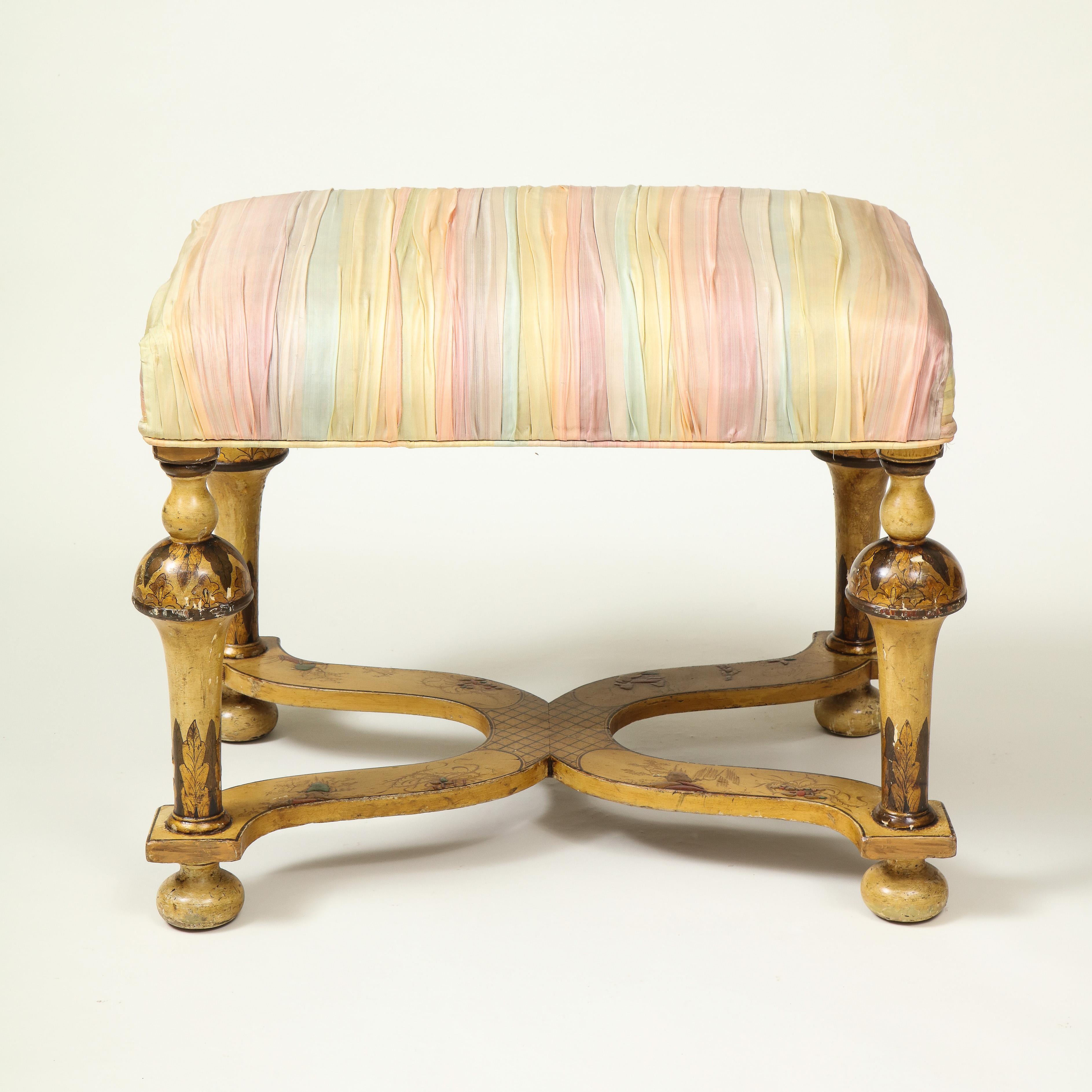 English William and Mary Style Silk and Ochre-Japanned Bench For Sale