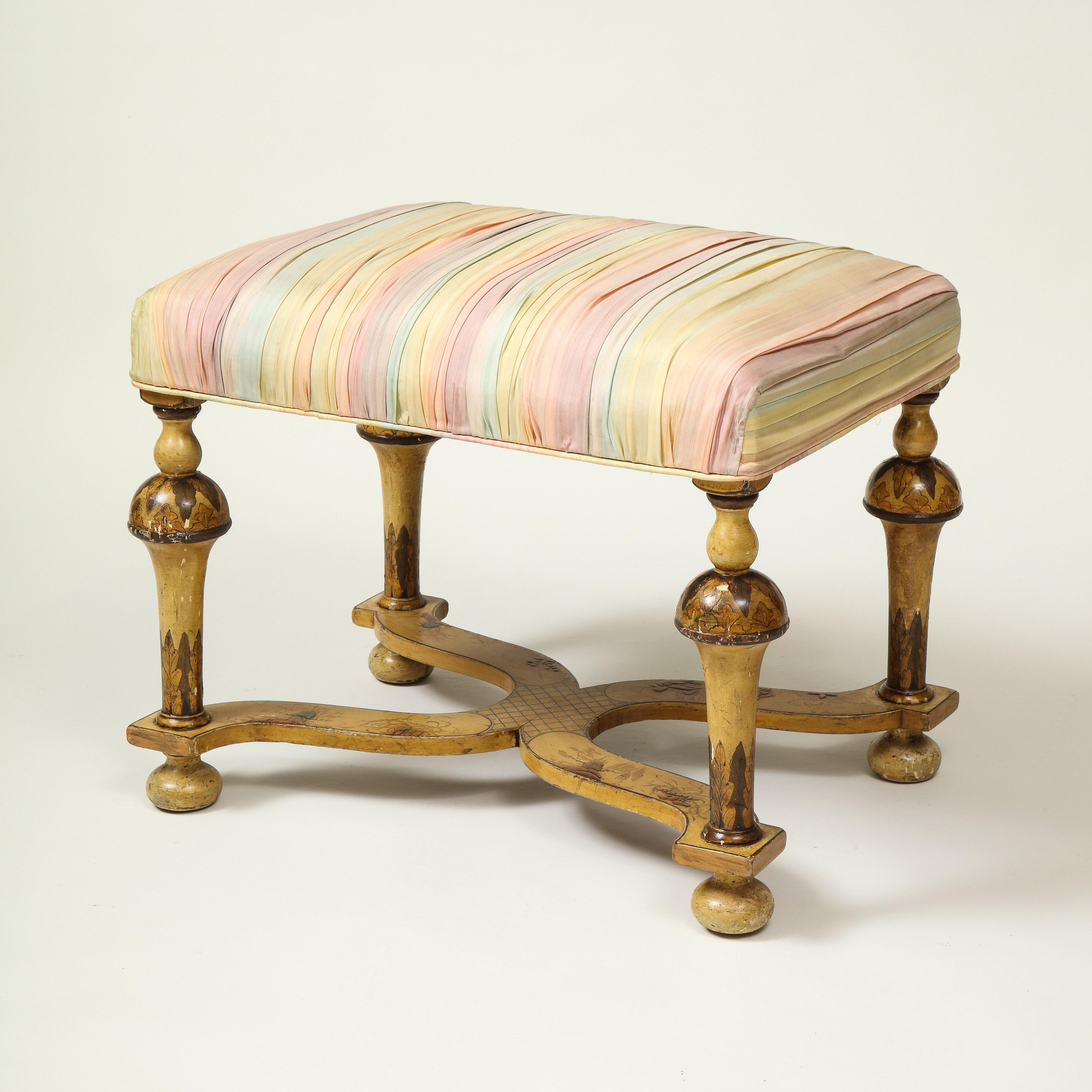 William and Mary Style Silk and Ochre-Japanned Bench In Fair Condition For Sale In New York, NY