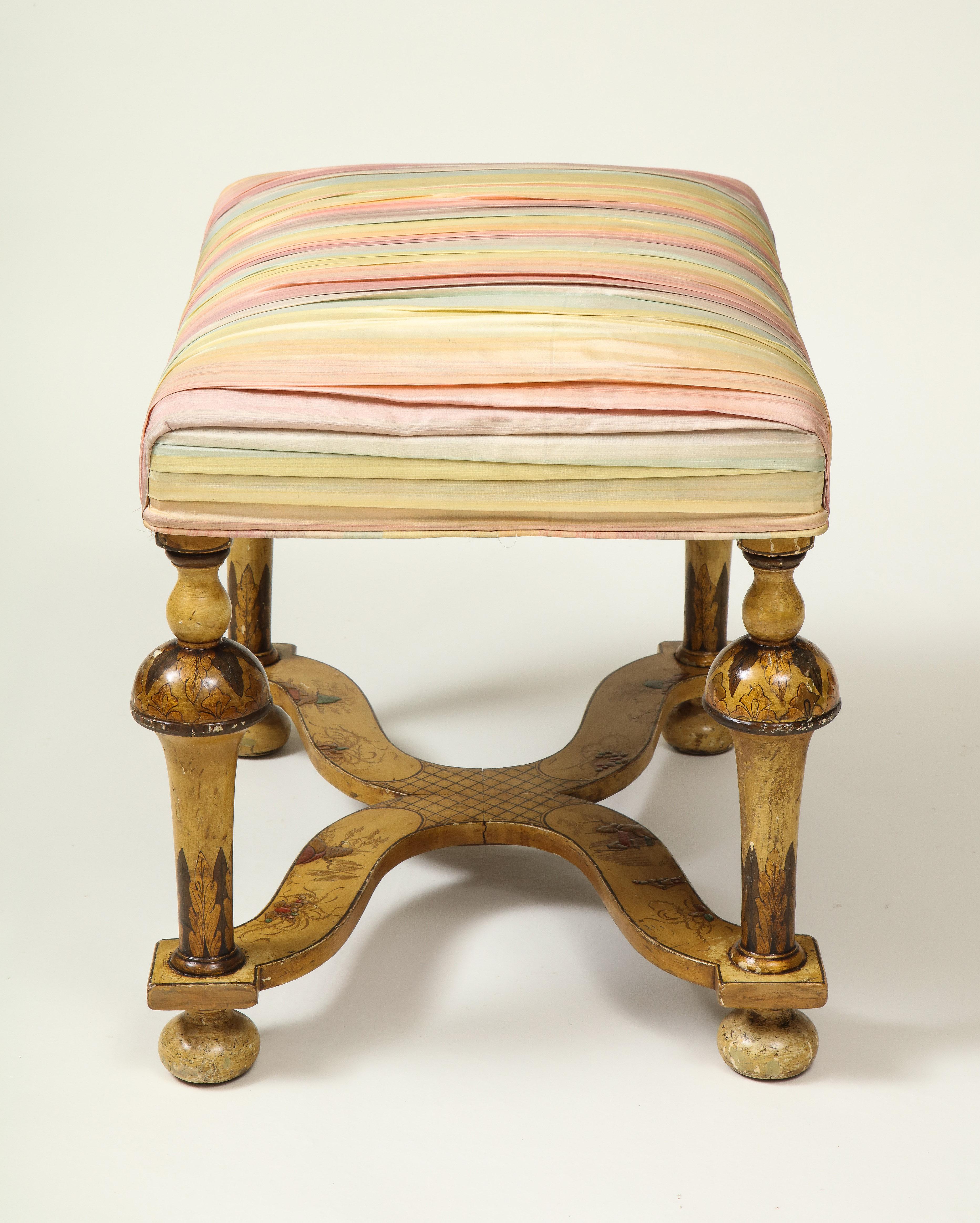 20th Century William and Mary Style Silk and Ochre-Japanned Bench For Sale