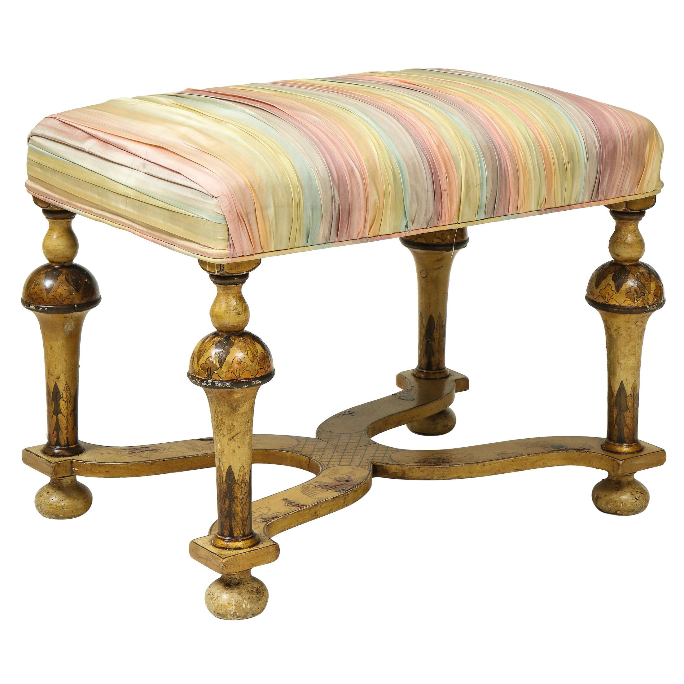 William and Mary Style Silk and Ochre-Japanned Bench For Sale