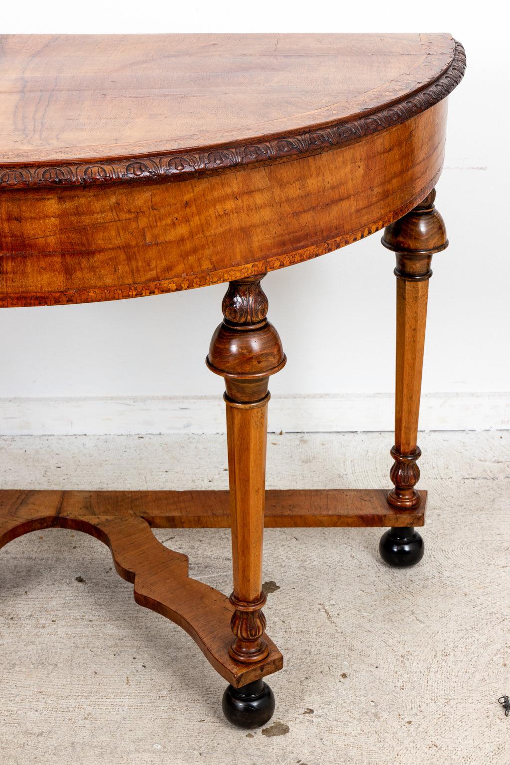 Inlay William and Mary Style Walnut Demilune Table For Sale