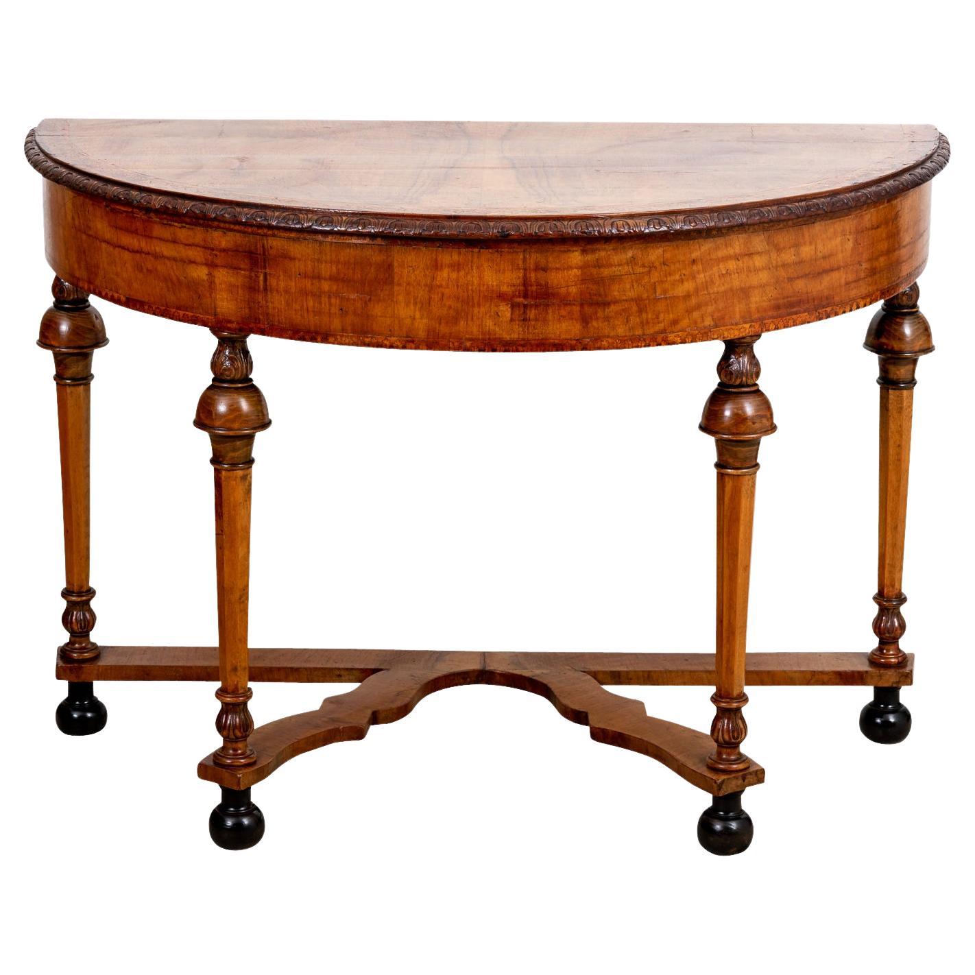William and Mary Style Walnut Demilune Table For Sale