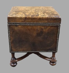 William and Mary Style Walnut Leather Upholstered Small Trunk