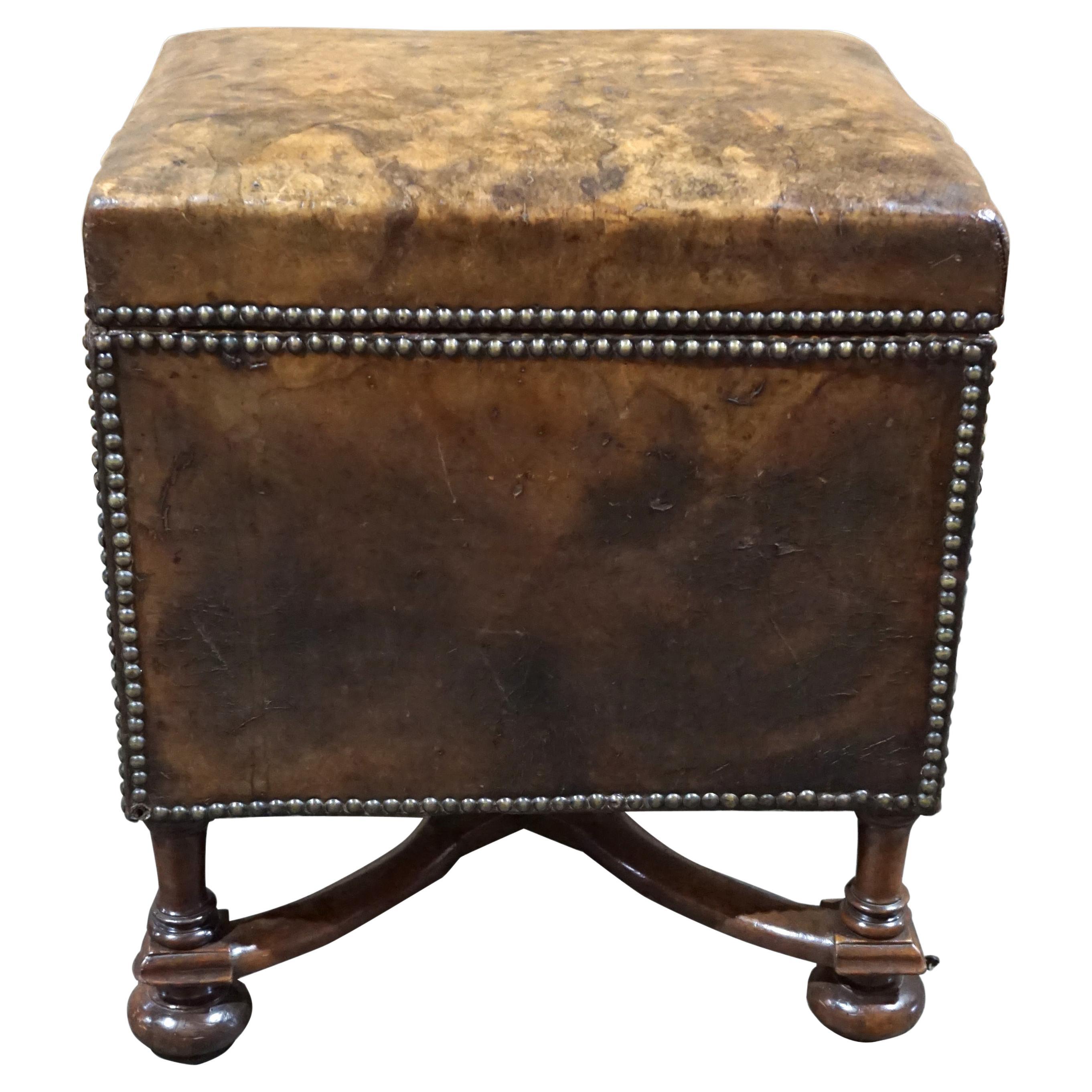William and Mary Style Walnut Leather Upholstered Small Footstool with Storage For Sale