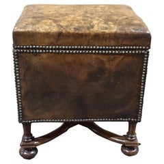 William and Mary Style Walnut Leather Upholstered Small Footstool with Storage