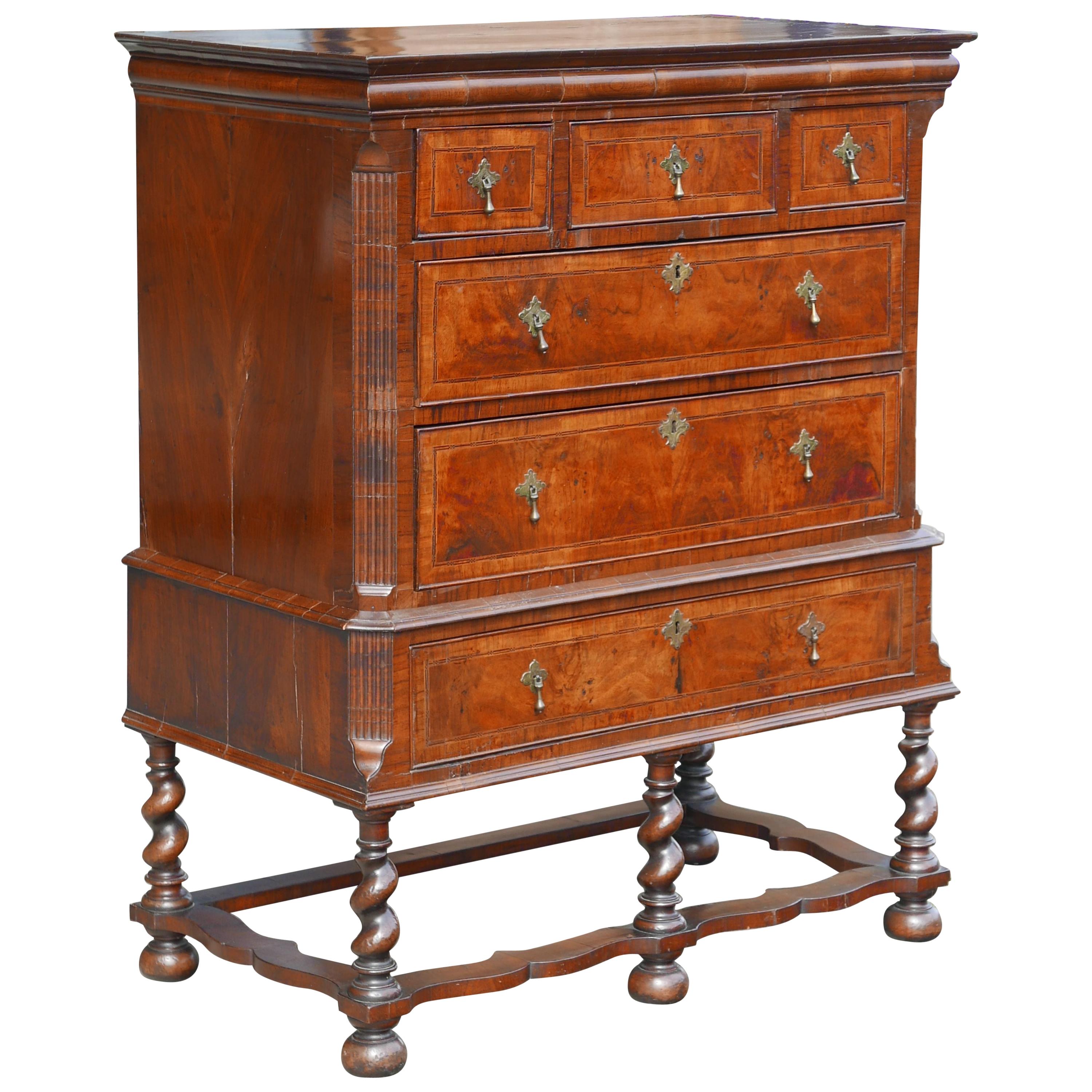 William and Mary Walnut Burl Chest on Stand