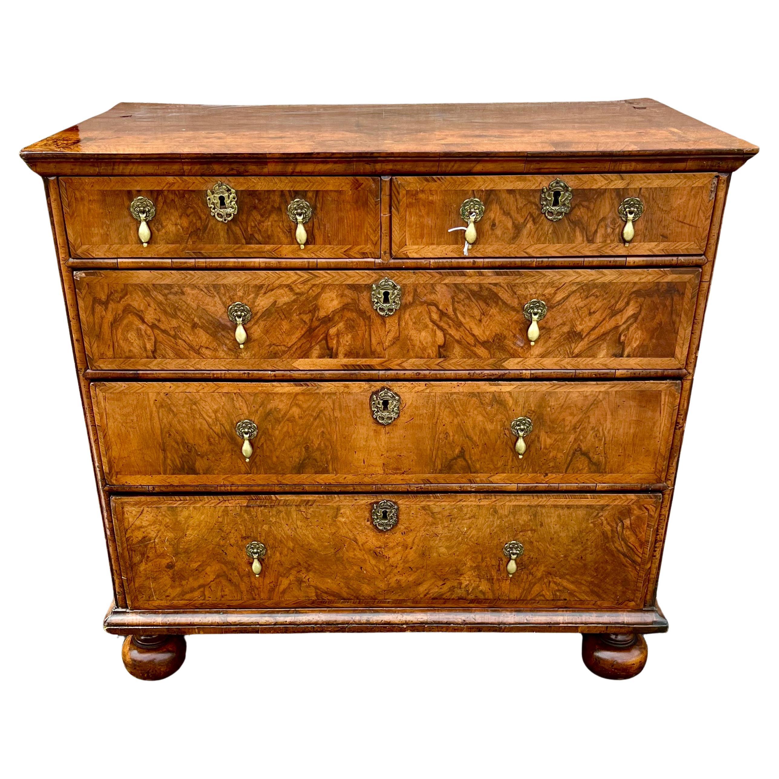 A fine Queen Anne period antique patinated, walnut chest of drawers. The chest has a rectangular moulded top with contrasting feather banding. In the centre is an
Oyster cut 4 panels  quarter veneered with a feather banded surround. The chest stands