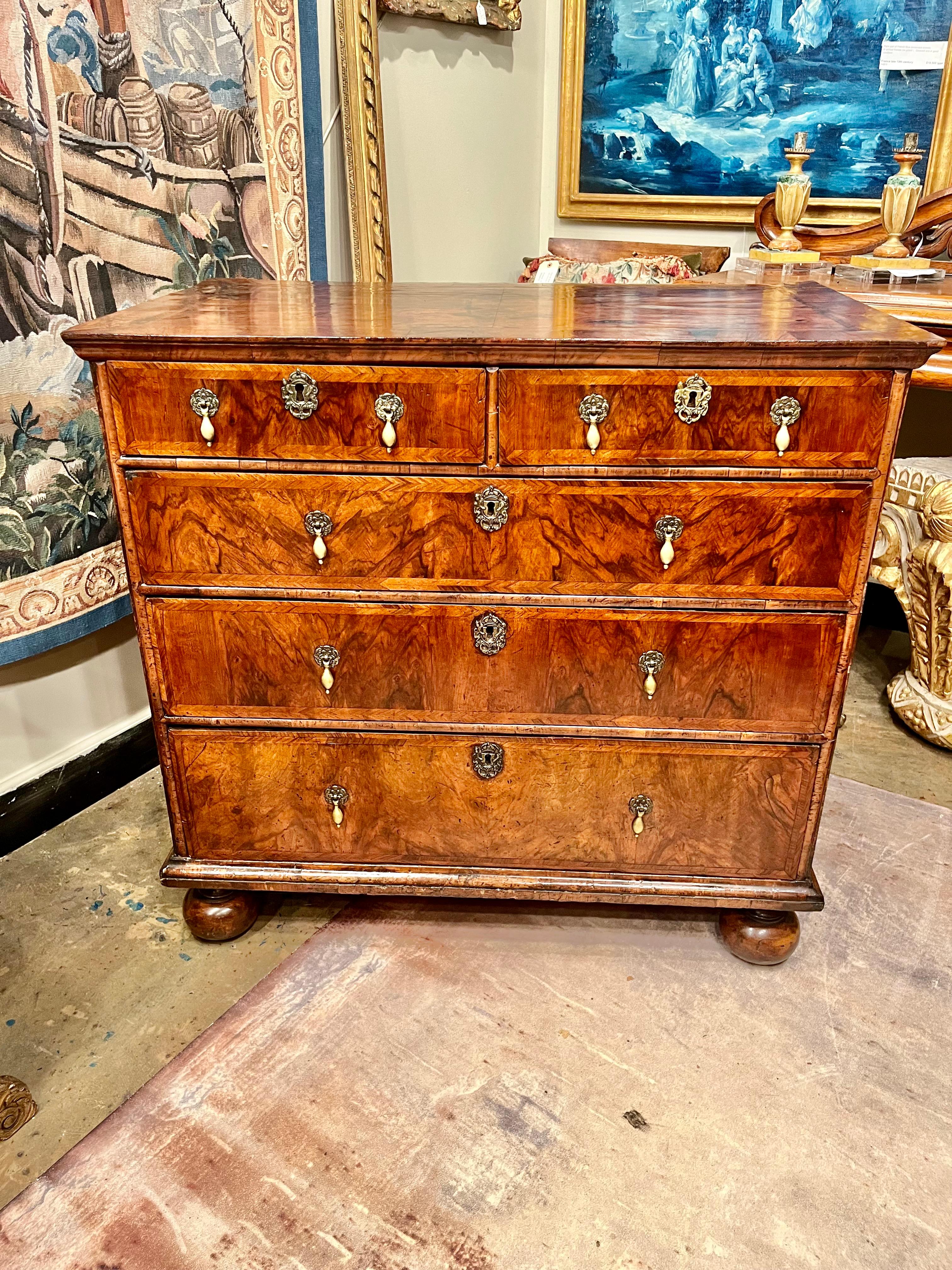 18th Century William and Mary Walnut Chest on Bun Feet .