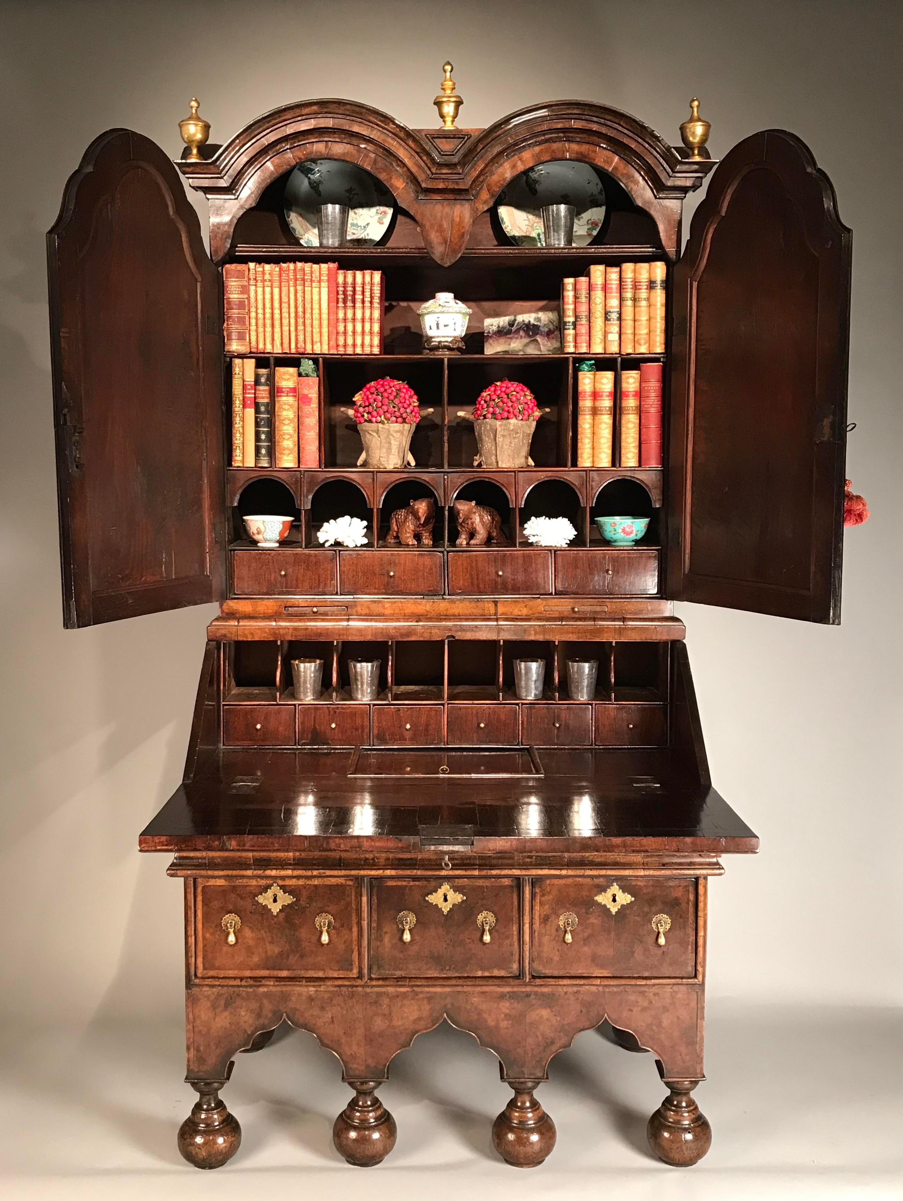 English William and Mary Walnut Double Dome Bureau Bookcase or Cabinet For Sale