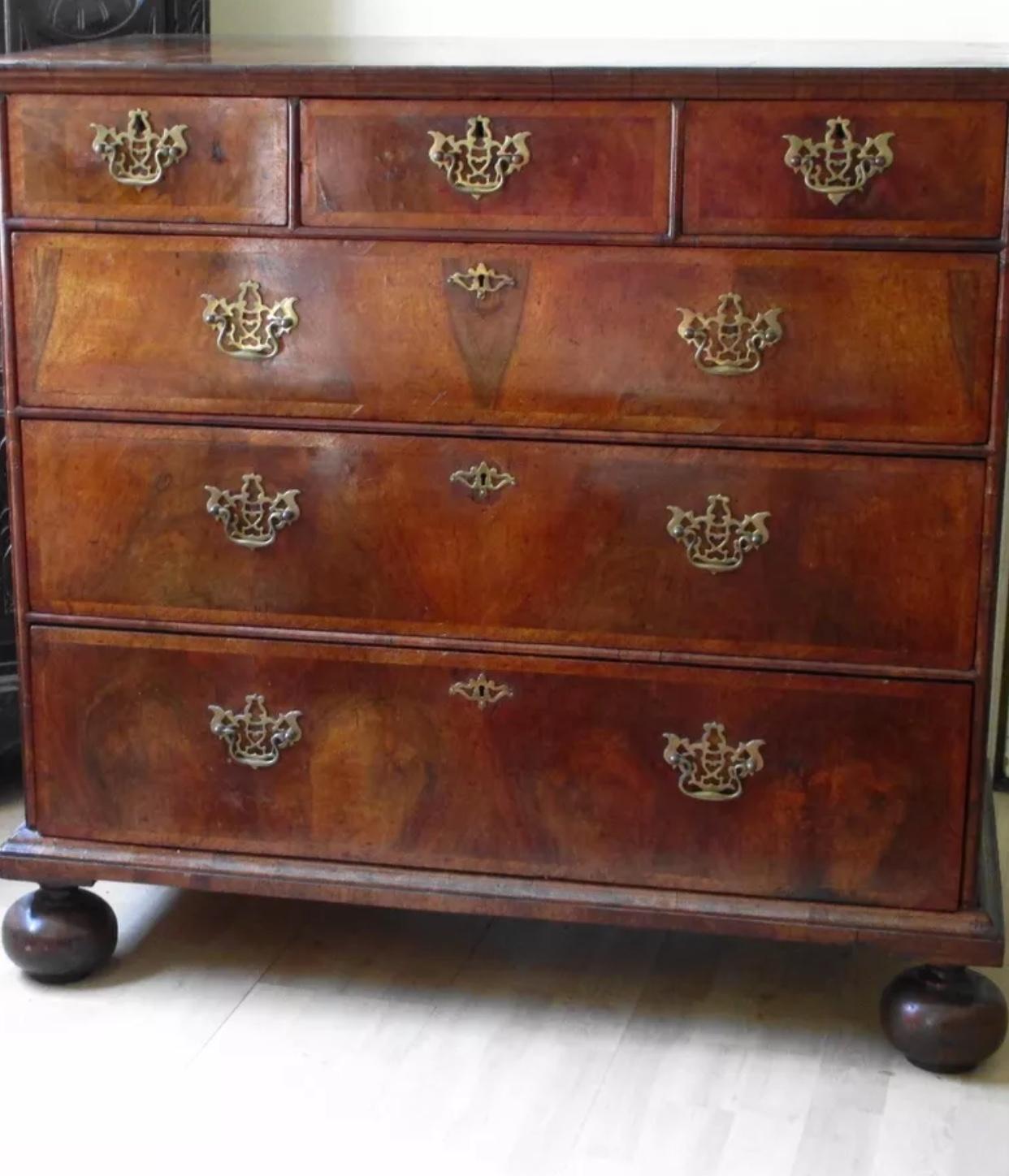 English William and Mary Walnut on Oak Chest of Drawers For Sale