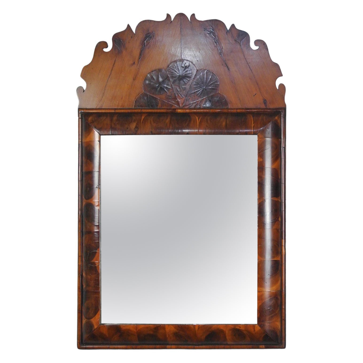 William and Mary Yew Wood Oyster Cushion Mirror c. 1690